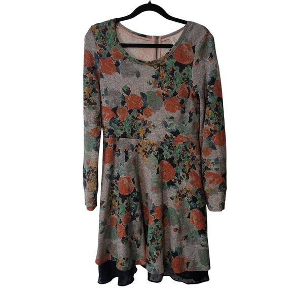 Saturday Sunday Size S Grey Muted Floral Knit Flare Dress Polka Dot Lining - Picture 2 of 12